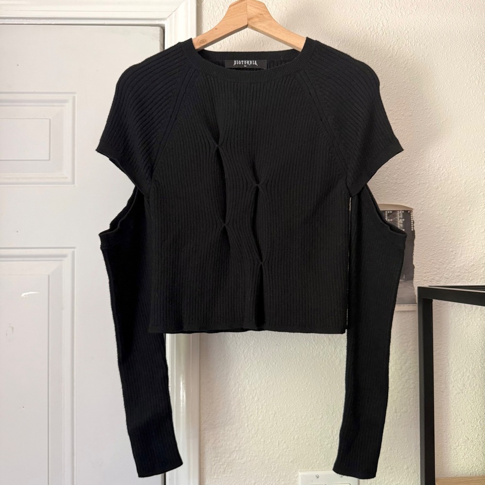 DISTURBIA black chunky knit rib ribbed cutout long sleeve crew neck sweater top